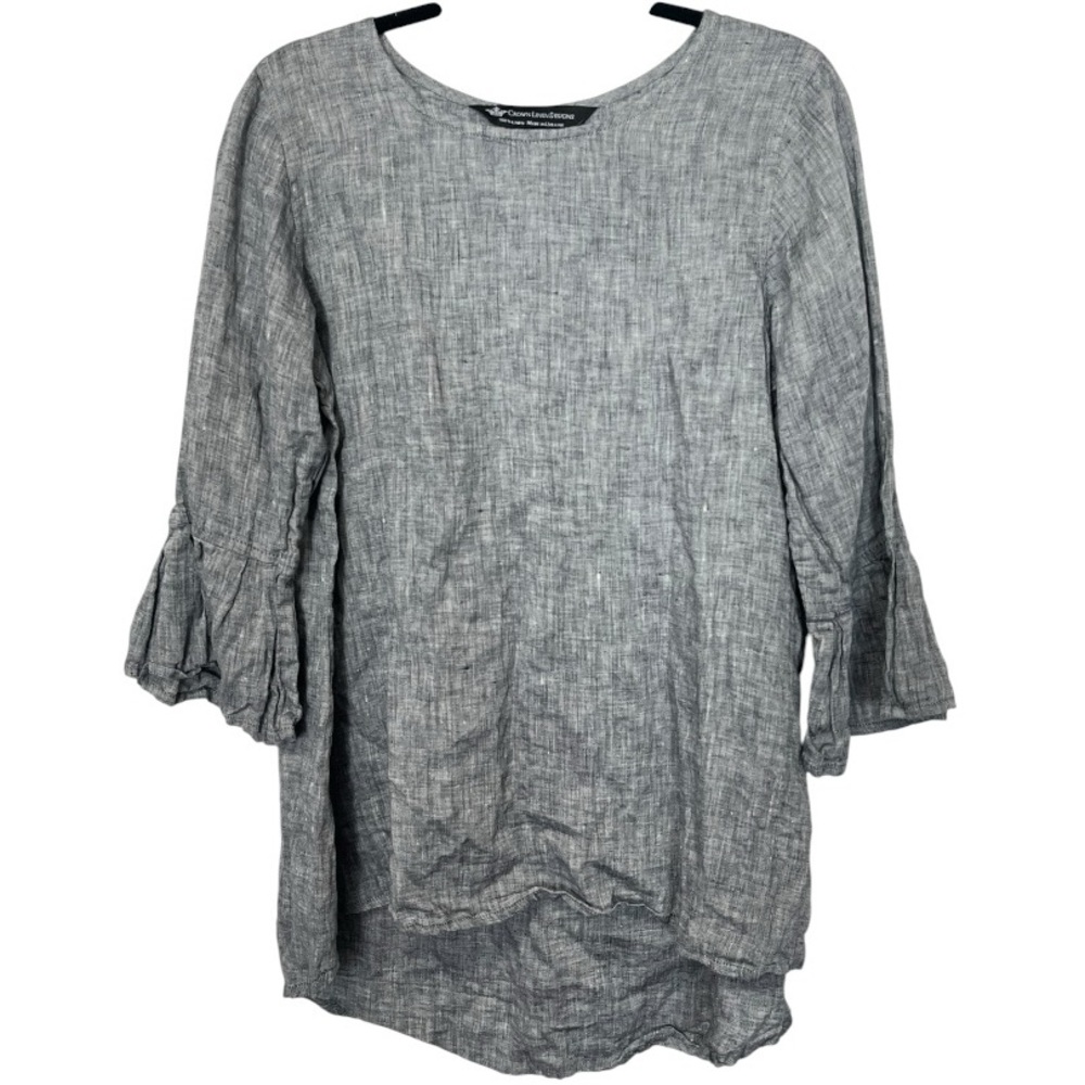 Crown Linen Designs | Bell Sleeve Tunic Top Blue Striped Linen‎ Womens M